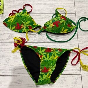 Green Leaf Print Tie-Side Bikini - Women's Swim